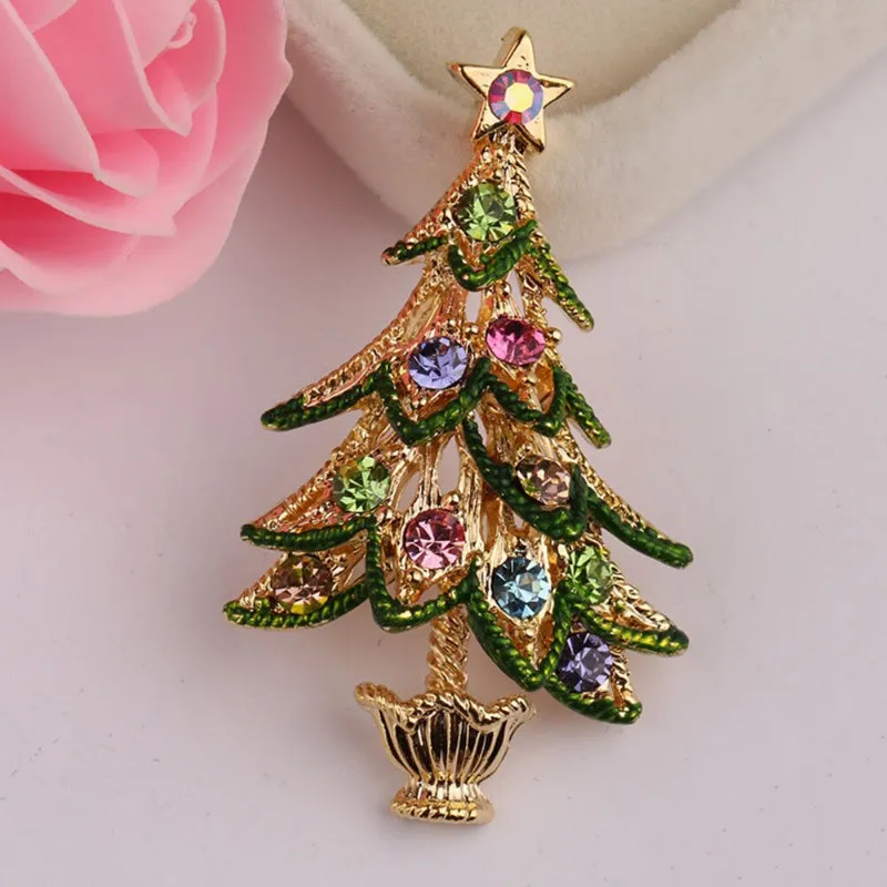 Festive Rhinestone Filled Christmas Tree Brooch Pins