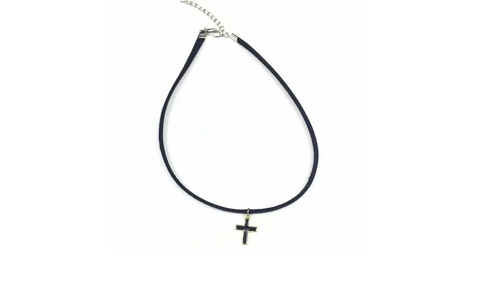 Gold Color Black Leather Choker Pendant Necklace For Women
