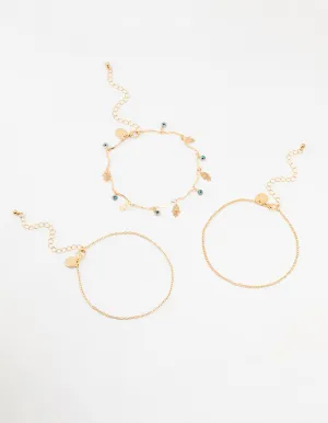 Gold Evil Eye & Hamsa Hand Anklets 3-Pack