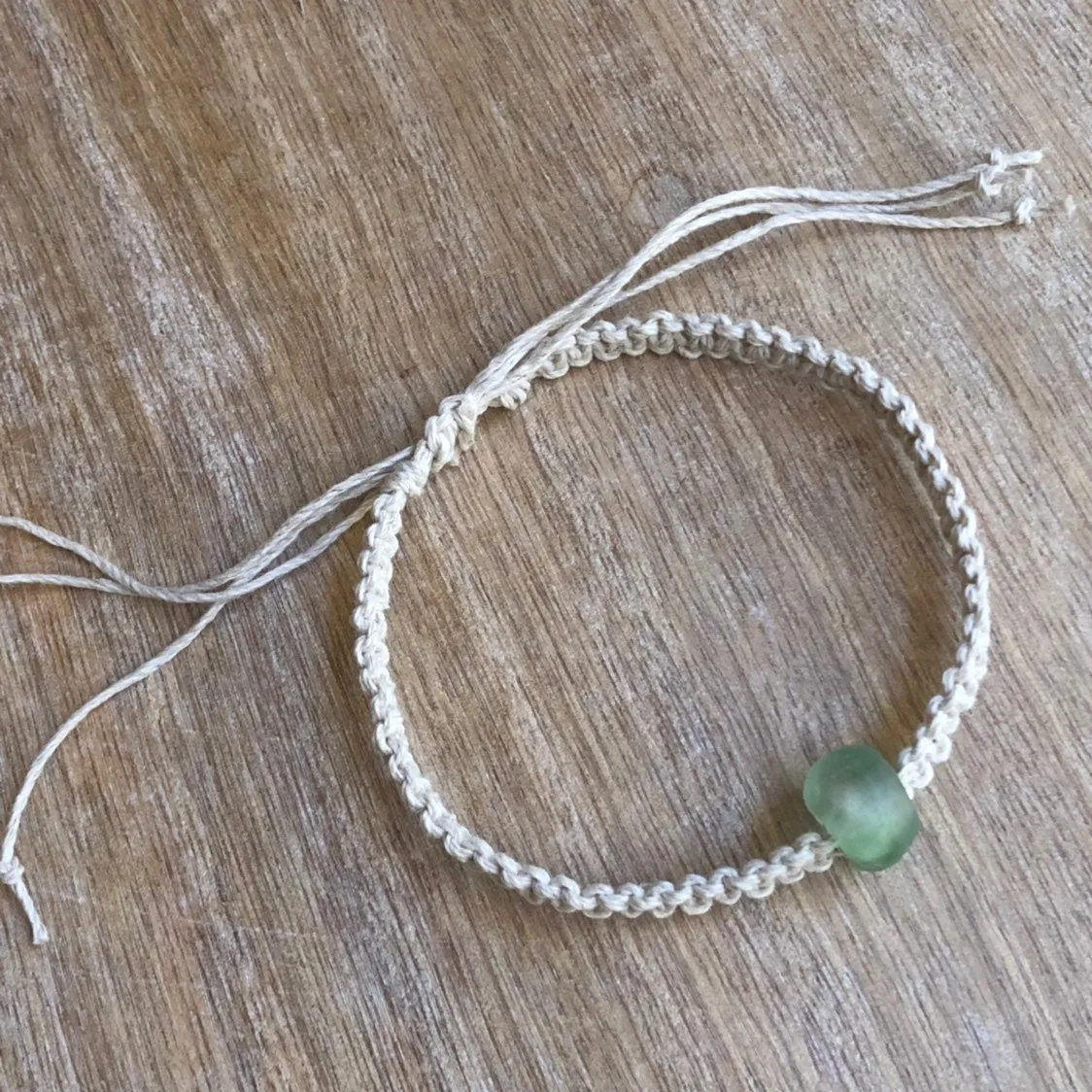 Green Sea Glass Bead Hemp Anklet