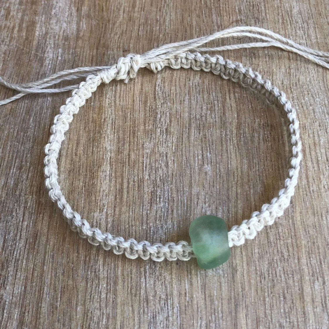 Green Sea Glass Bead Hemp Anklet