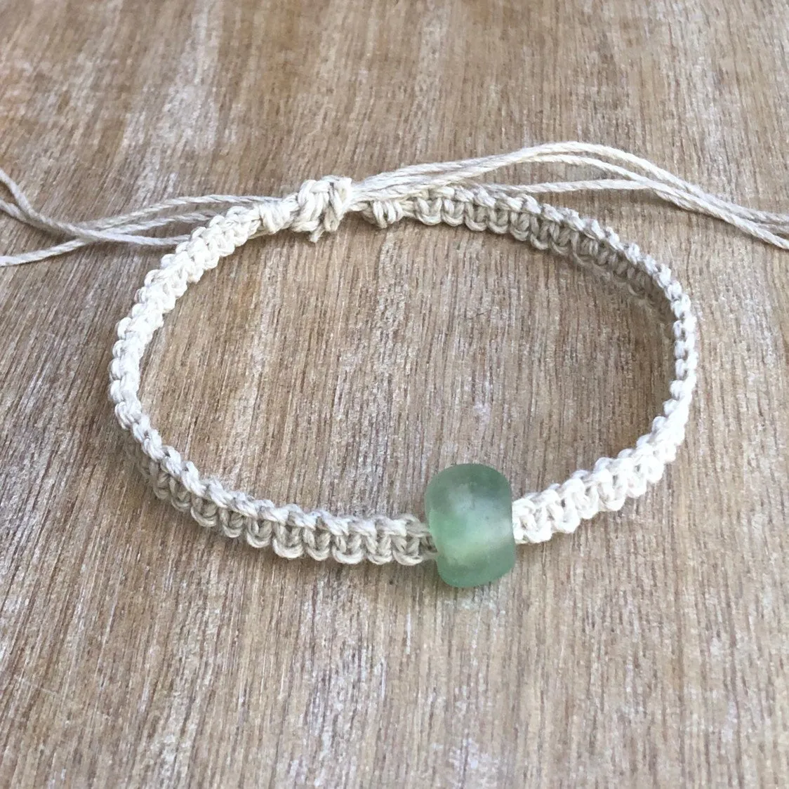 Green Sea Glass Bead Hemp Anklet
