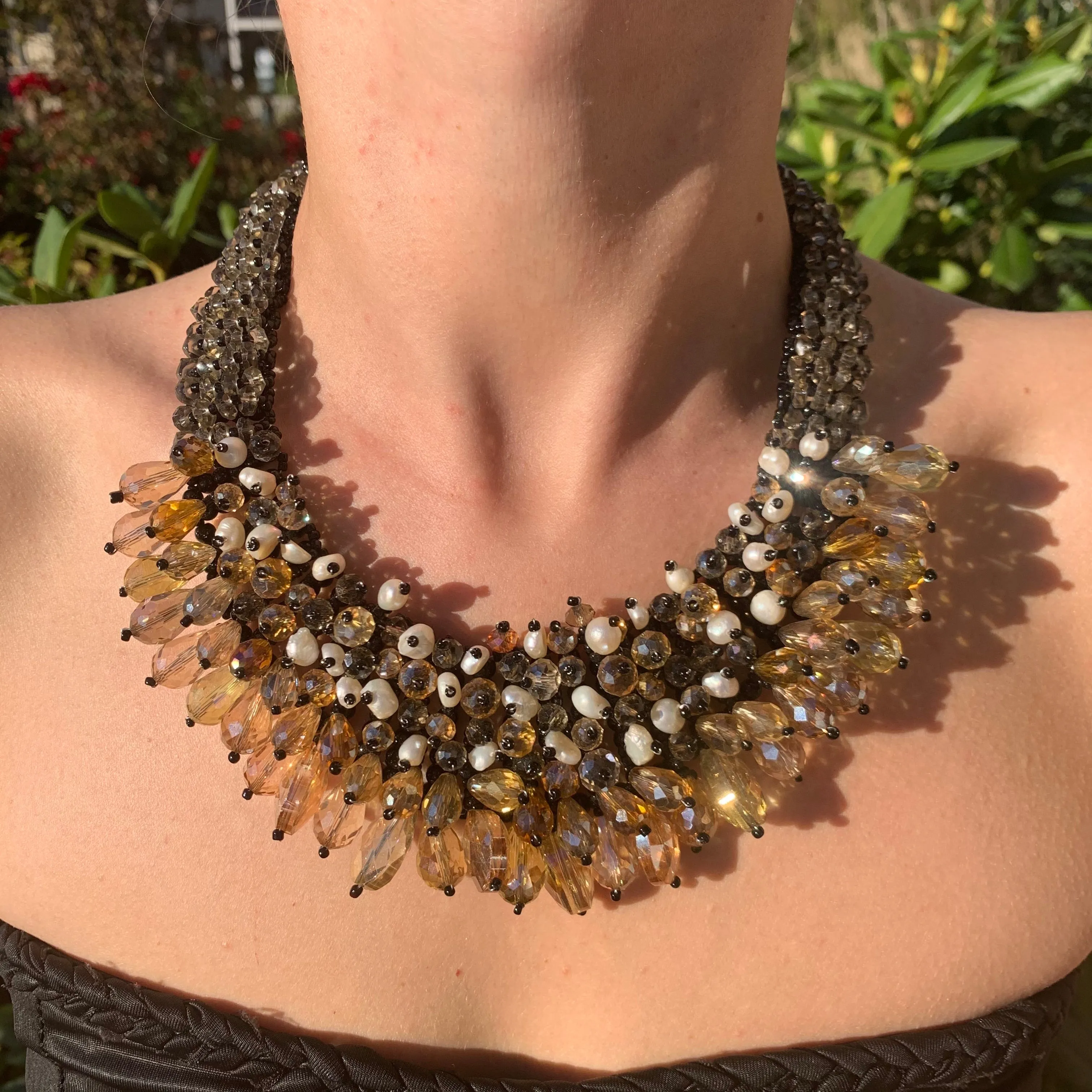 Handmade Smoky Necklace 20" Drop Beads Clustered Trendy Bib Choker