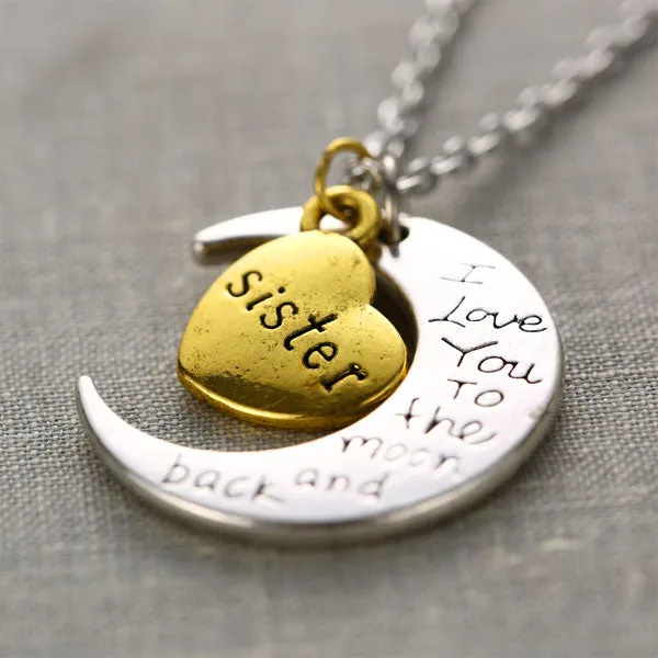 I Love You To The Moon And Back Family Pendant Necklace Choker Chain Daughter Mom Sister