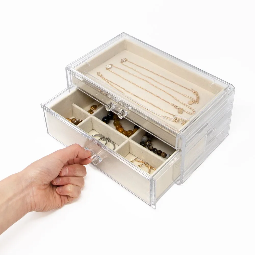 Isaac Jacobs Clear Acrylic 2-Drawer Jewelry Organizer (9.25” x 5.4” x 4.25”) w/ Velvet Lining, Stackable Storage Box For Necklaces, Bracelets, Earrings, Watches & Rings, Tabletop Display Case