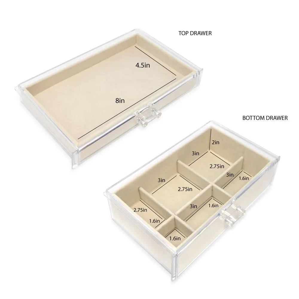 Isaac Jacobs Clear Acrylic 2-Drawer Jewelry Organizer (9.25” x 5.4” x 4.25”) w/ Velvet Lining, Stackable Storage Box For Necklaces, Bracelets, Earrings, Watches & Rings, Tabletop Display Case