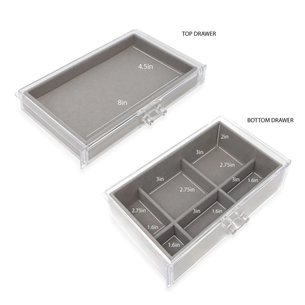 Isaac Jacobs Clear Acrylic 2-Drawer Jewelry Organizer (9.25” x 5.4” x 4.25”) w/ Velvet Lining, Stackable Storage Box For Necklaces, Bracelets, Earrings, Watches & Rings, Tabletop Display Case