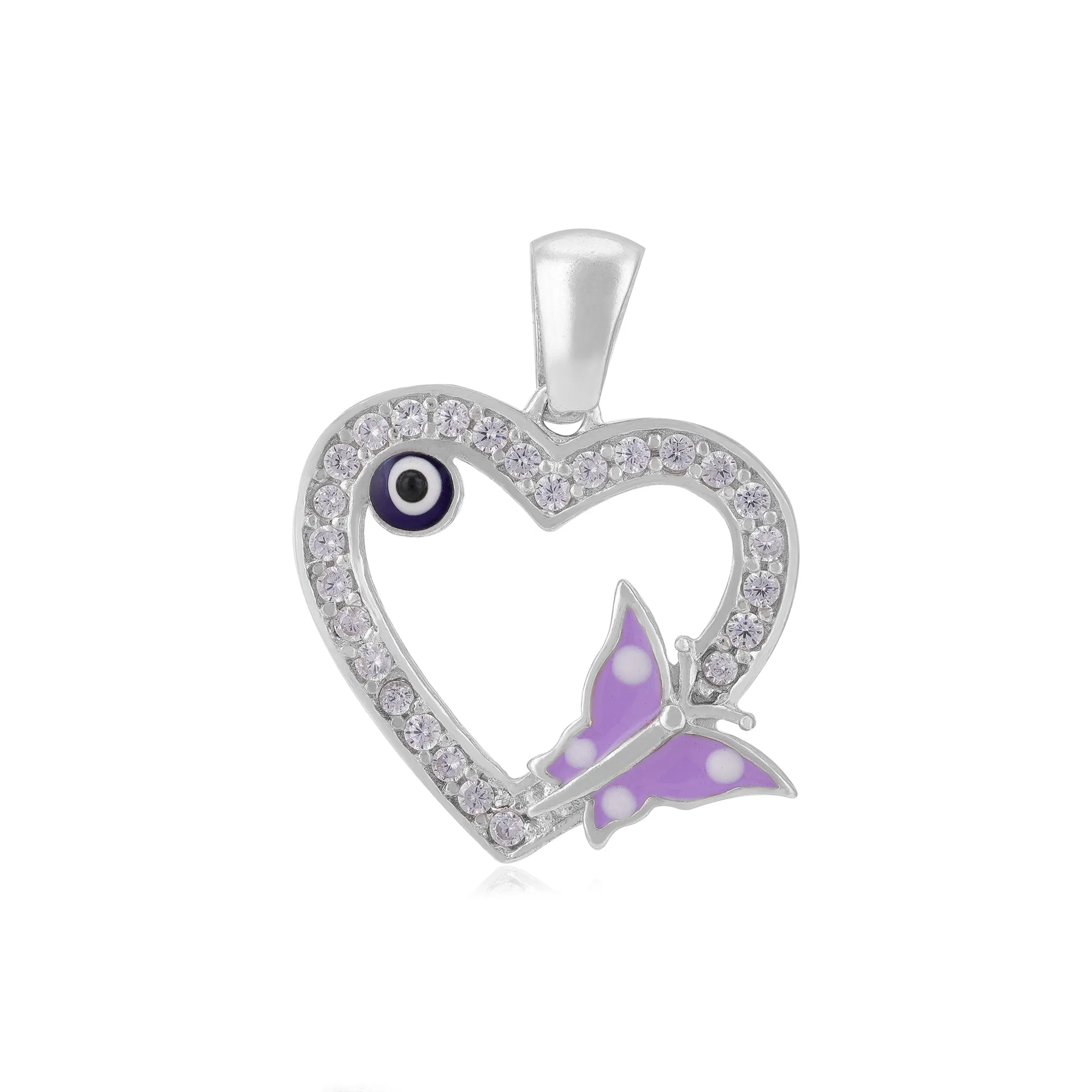 Lavender Butterfly 925 Rhodium Plated Evil Eye Heart Pendants