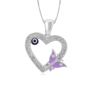 Lavender Butterfly 925 Rhodium Plated Evil Eye Heart Pendants