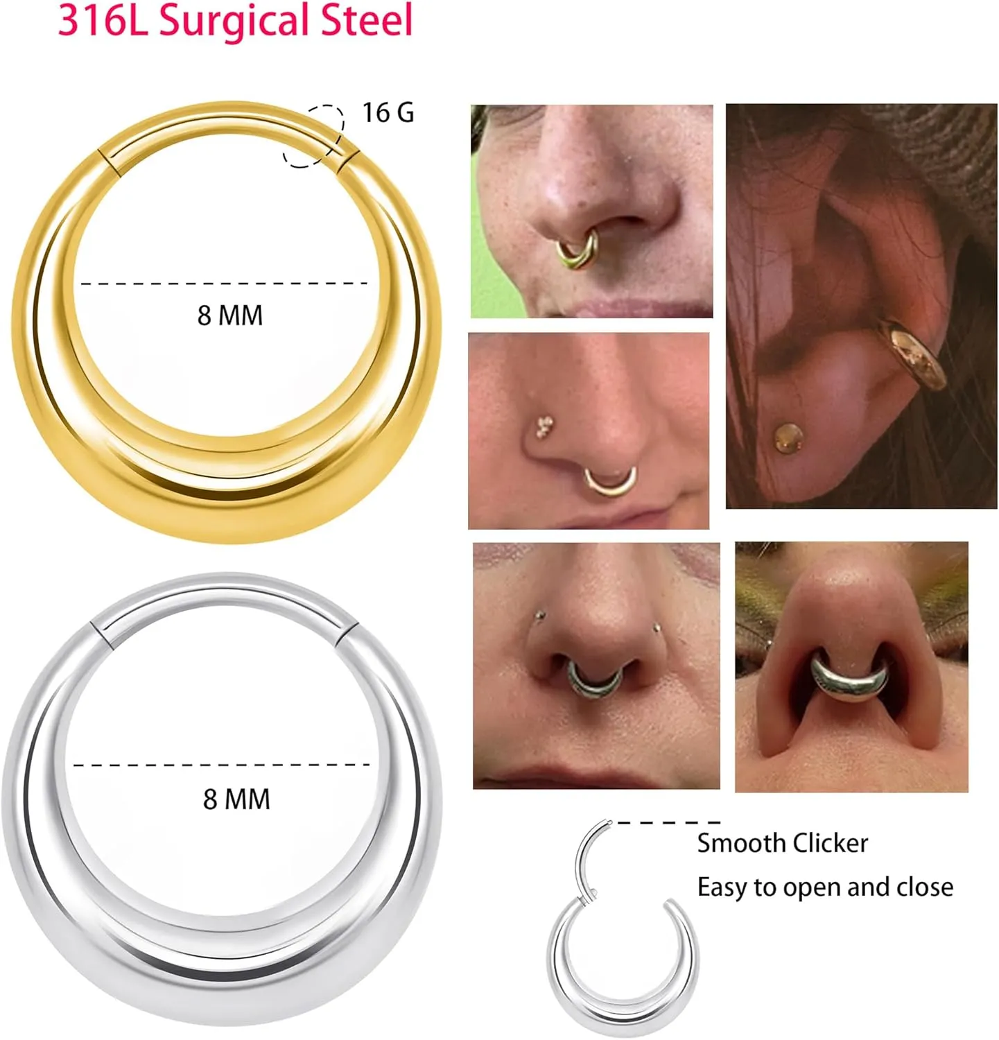 LEE&RO Chunky Septum Ring 16G Jewelry Surgical Steel Septum Piercing Clicker Hoop Nose Ring