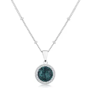 LOVCIA Ocean Blue Green CZ Halo Pendant Necklace with Rhodium Plated Chain