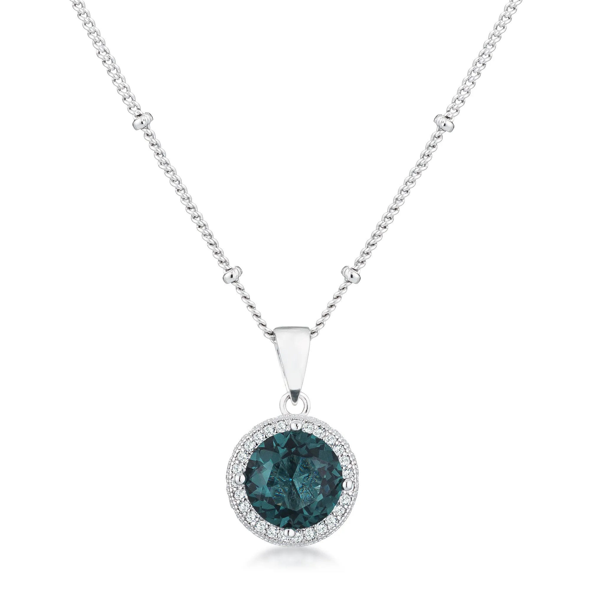LOVCIA Ocean Blue Green CZ Halo Pendant Necklace with Rhodium Plated Chain