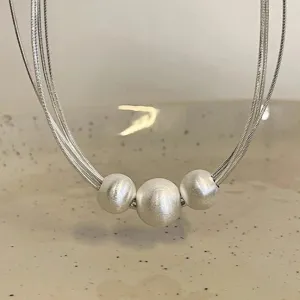 Multi Layer Stainless Steel Chain Brushed Silver Metal Ball Pendant Necklace