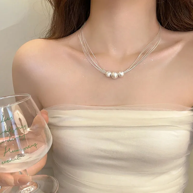 Multi Layer Stainless Steel Chain Brushed Silver Metal Ball Pendant Necklace