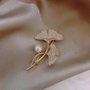 Mushroom Rhinestone Gold-Toned Brooch With Synthetic Pearl