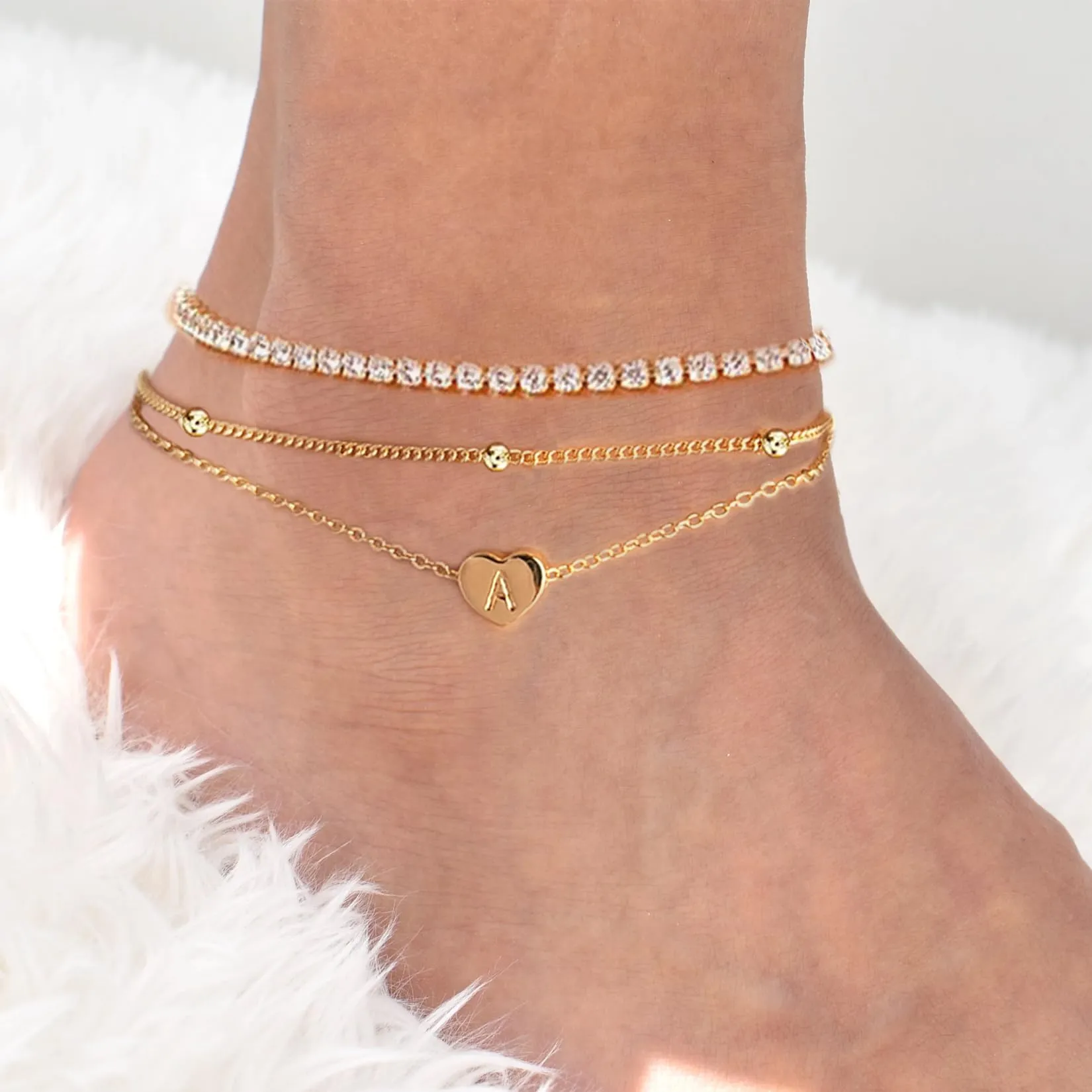 MYYOII Initial Ankle Bracelets for Women, Dainty Gold Anklets for Women Layered Heart CZ Bead Initial Anklets 14K Gold Plated Ankle Bracelet Set Waterproof Summer Beach Jewelry for Women A