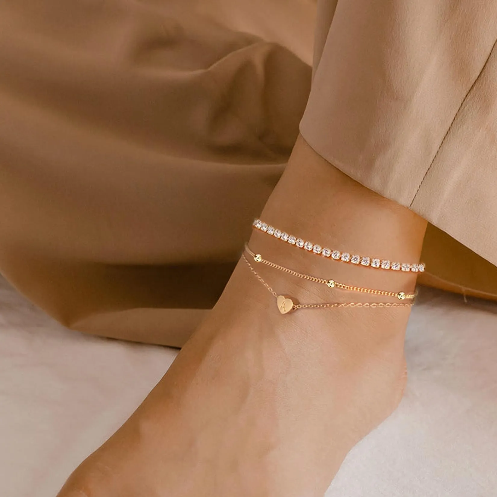 MYYOII Initial Ankle Bracelets for Women, Dainty Gold Anklets for Women Layered Heart CZ Bead Initial Anklets 14K Gold Plated Ankle Bracelet Set Waterproof Summer Beach Jewelry for Women A