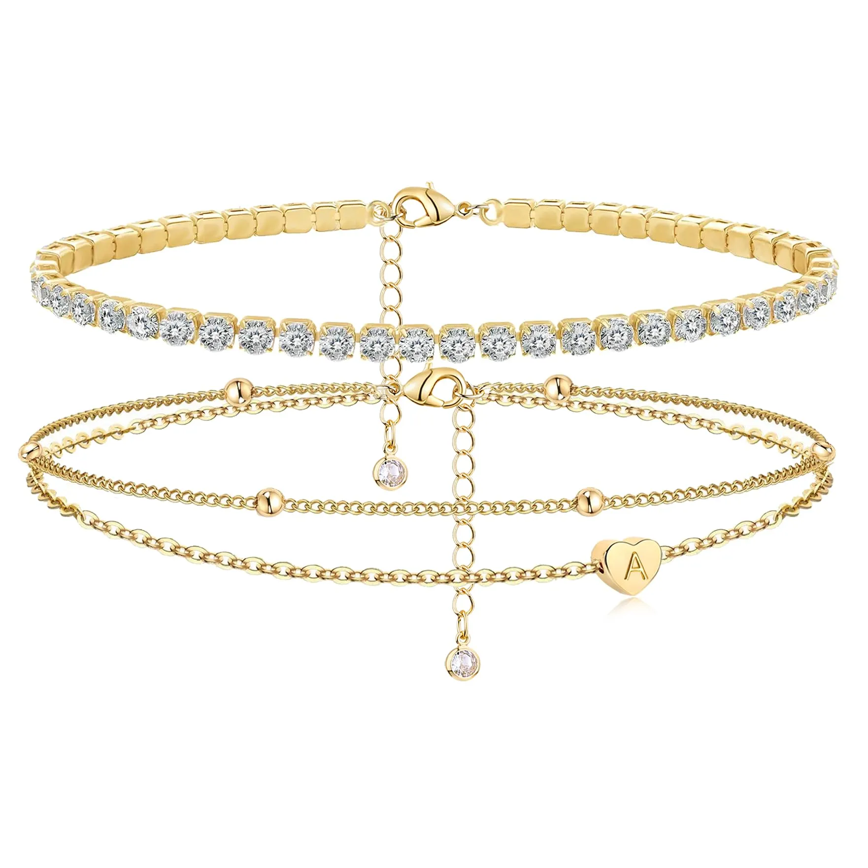 MYYOII Initial Ankle Bracelets for Women, Dainty Gold Anklets for Women Layered Heart CZ Bead Initial Anklets 14K Gold Plated Ankle Bracelet Set Waterproof Summer Beach Jewelry for Women A