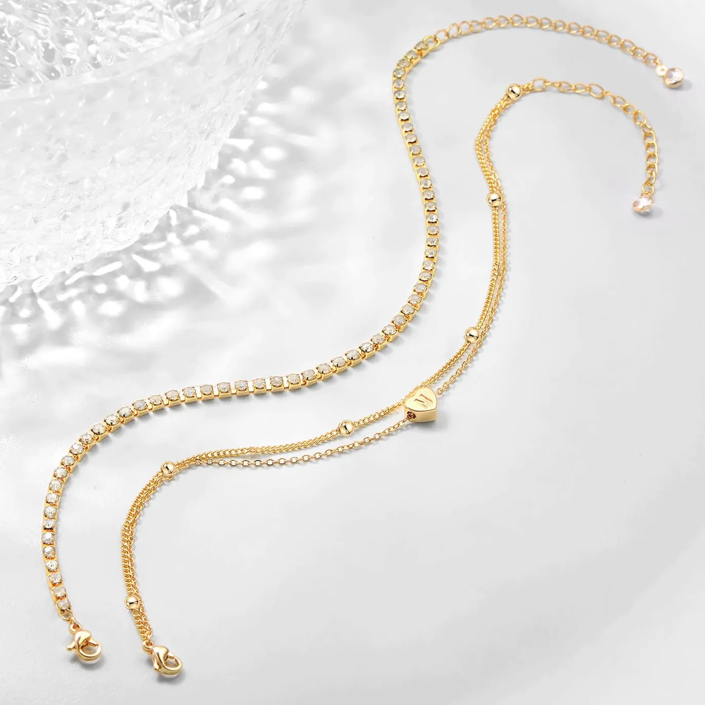 MYYOII Initial Ankle Bracelets for Women, Dainty Gold Anklets for Women Layered Heart CZ Bead Initial Anklets 14K Gold Plated Ankle Bracelet Set Waterproof Summer Beach Jewelry for Women A