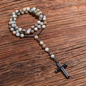 Natural 8mm Amazonite Beads Catholic Christ Rosary Necklaces Hematite Cross Pendant Men Necklace