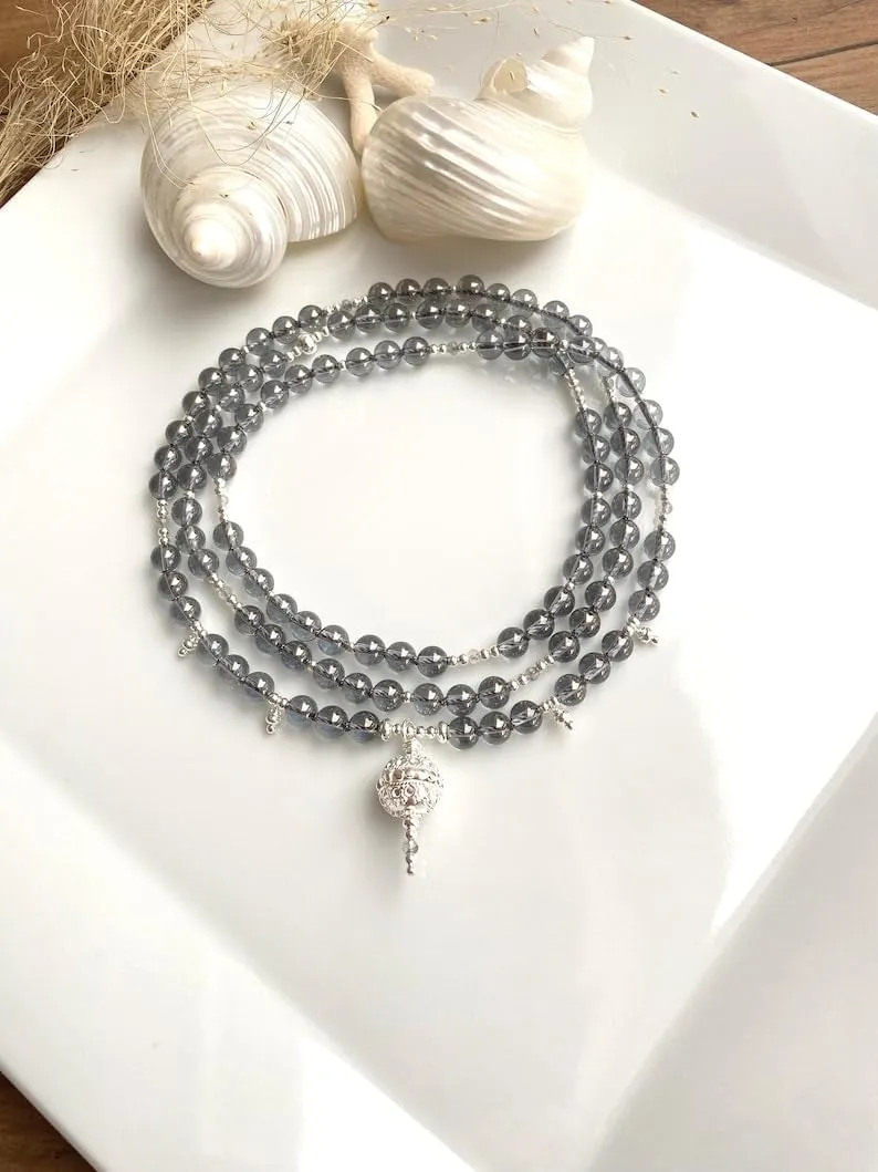 Natural silver aura quartz 6mm 108 Mala Beads, Spiritual, Meditation Beads, Reiki, Japa Mala, Buddhist Prayer Beads, Yoga Bracelet, healing beads LKMALA-RRGU-3411, grey