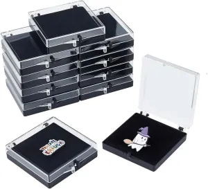 NBEADS 12 Pcs Gift Box for Pin, Black Square Badge Gemstone Display Box with Tray Mini Jewelry Box Container Plastic Show Case Storage Box Holder for Badge Pins Coin Gems Jewelry, 2.7x2.7x0.7inch