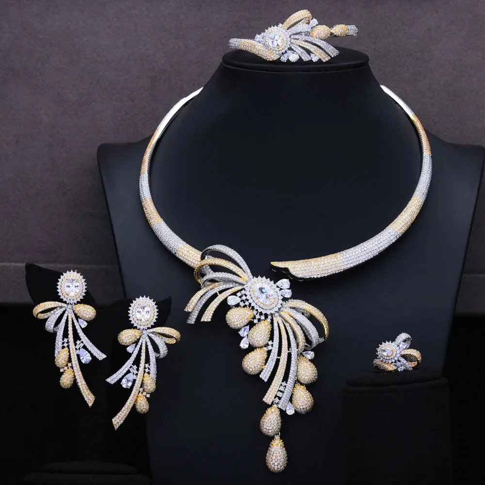 New Gorgeous 4PCS Chokers Necklace Earring Sets Cubic Zirconia Jewelry Sets for Women