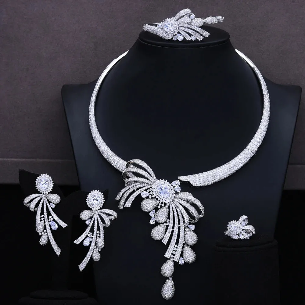 New Gorgeous 4PCS Chokers Necklace Earring Sets Cubic Zirconia Jewelry Sets for Women