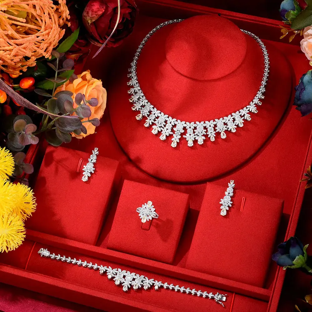 New Trendy Flowers Chokers Accessories For Women Wedding Zircon CZ African Dubai Bridal Jewelry Set