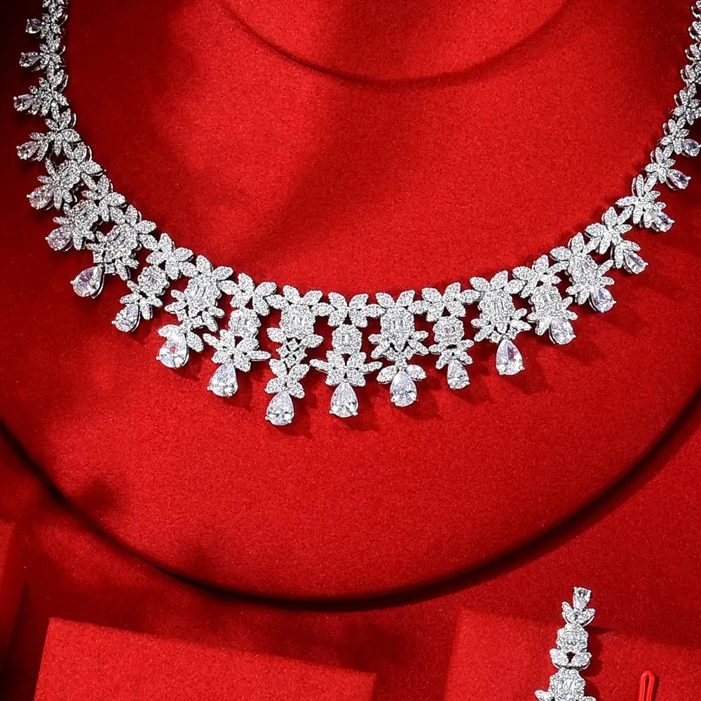 New Trendy Flowers Chokers Accessories For Women Wedding Zircon CZ African Dubai Bridal Jewelry Set