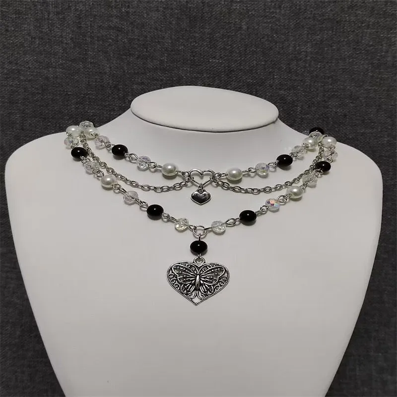 New Trendy Gothic Black Pearls Butterfly Heart Fairycore Choker Necklace