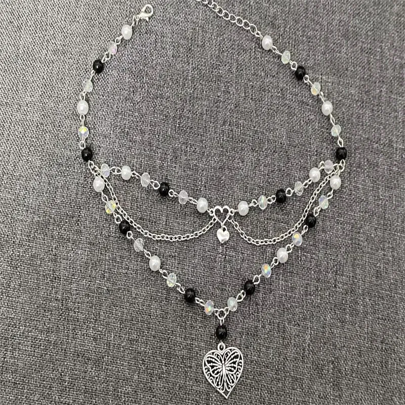 New Trendy Gothic Black Pearls Butterfly Heart Fairycore Choker Necklace