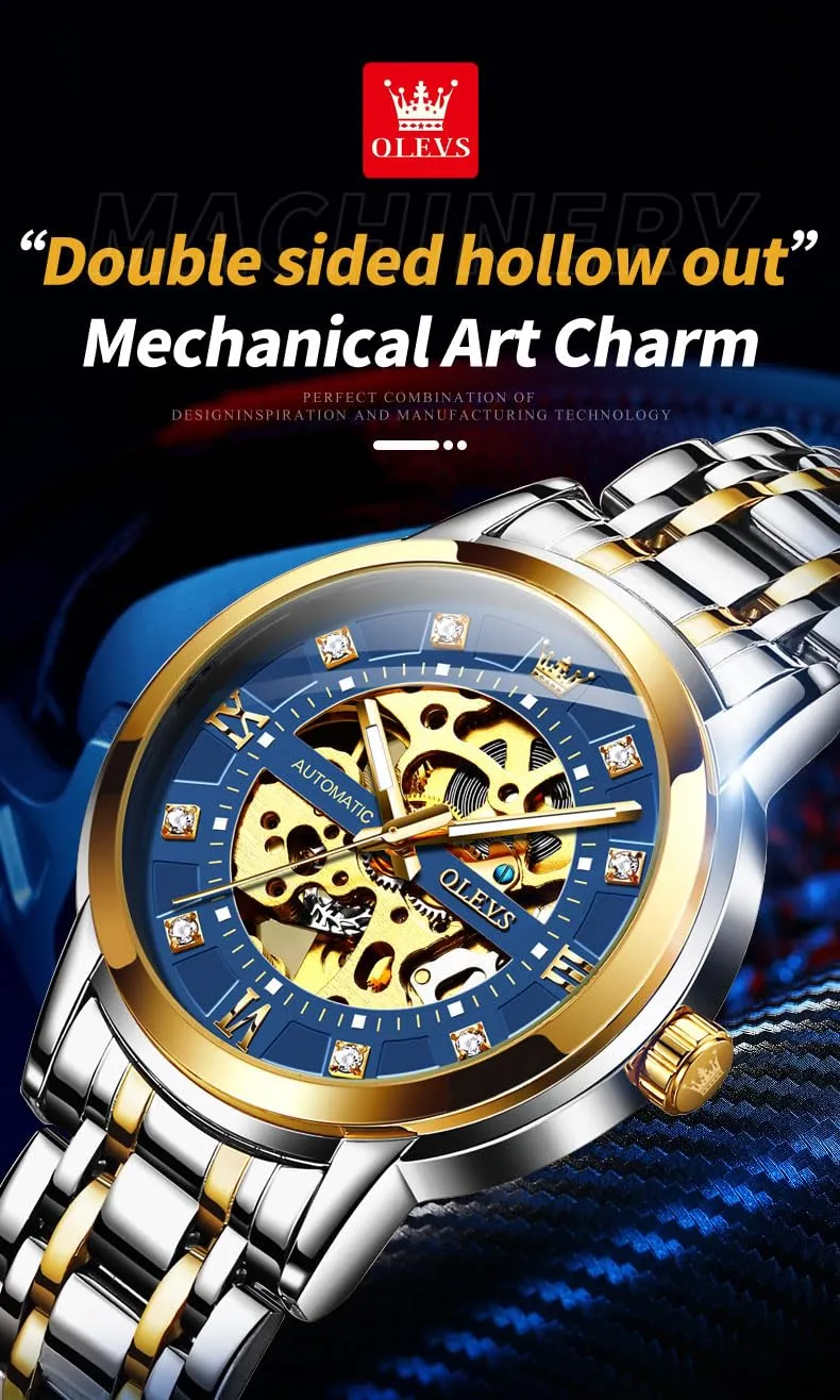 OLEVS Luxury Stainless Steel Mechanical Skeleton Wrist Watch