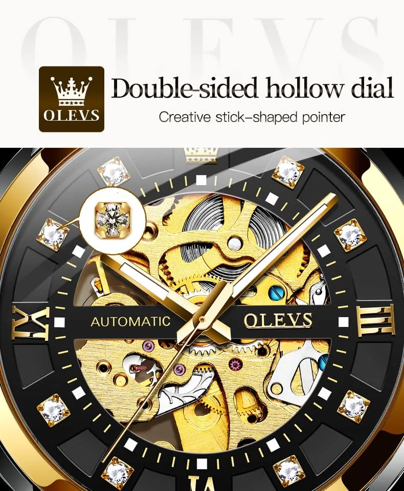 OLEVS Luxury Stainless Steel Mechanical Skeleton Wrist Watch
