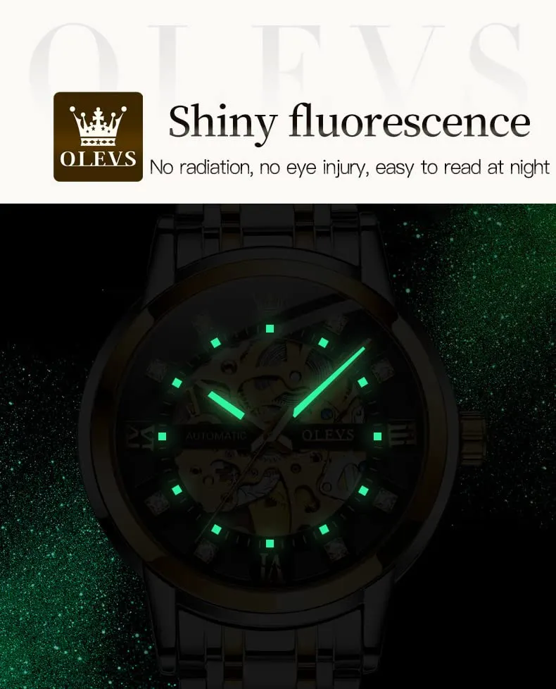OLEVS Luxury Stainless Steel Mechanical Skeleton Wrist Watch