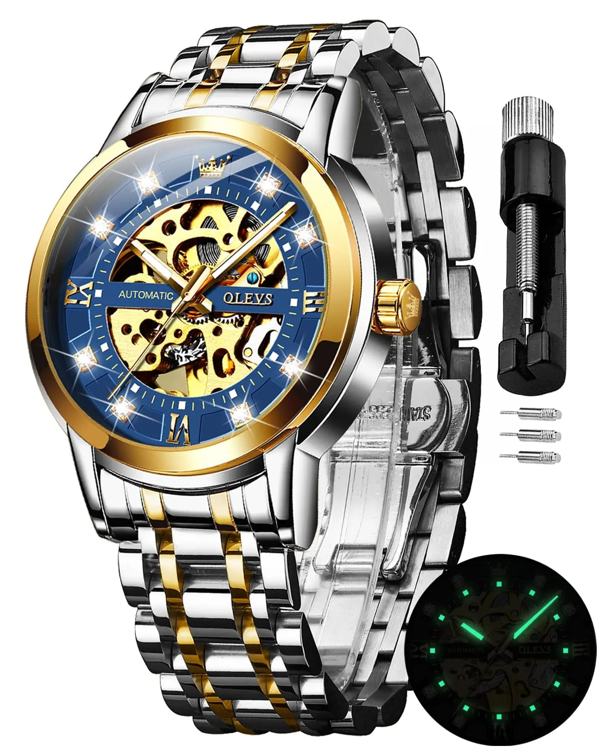 OLEVS Luxury Stainless Steel Mechanical Skeleton Wrist Watch