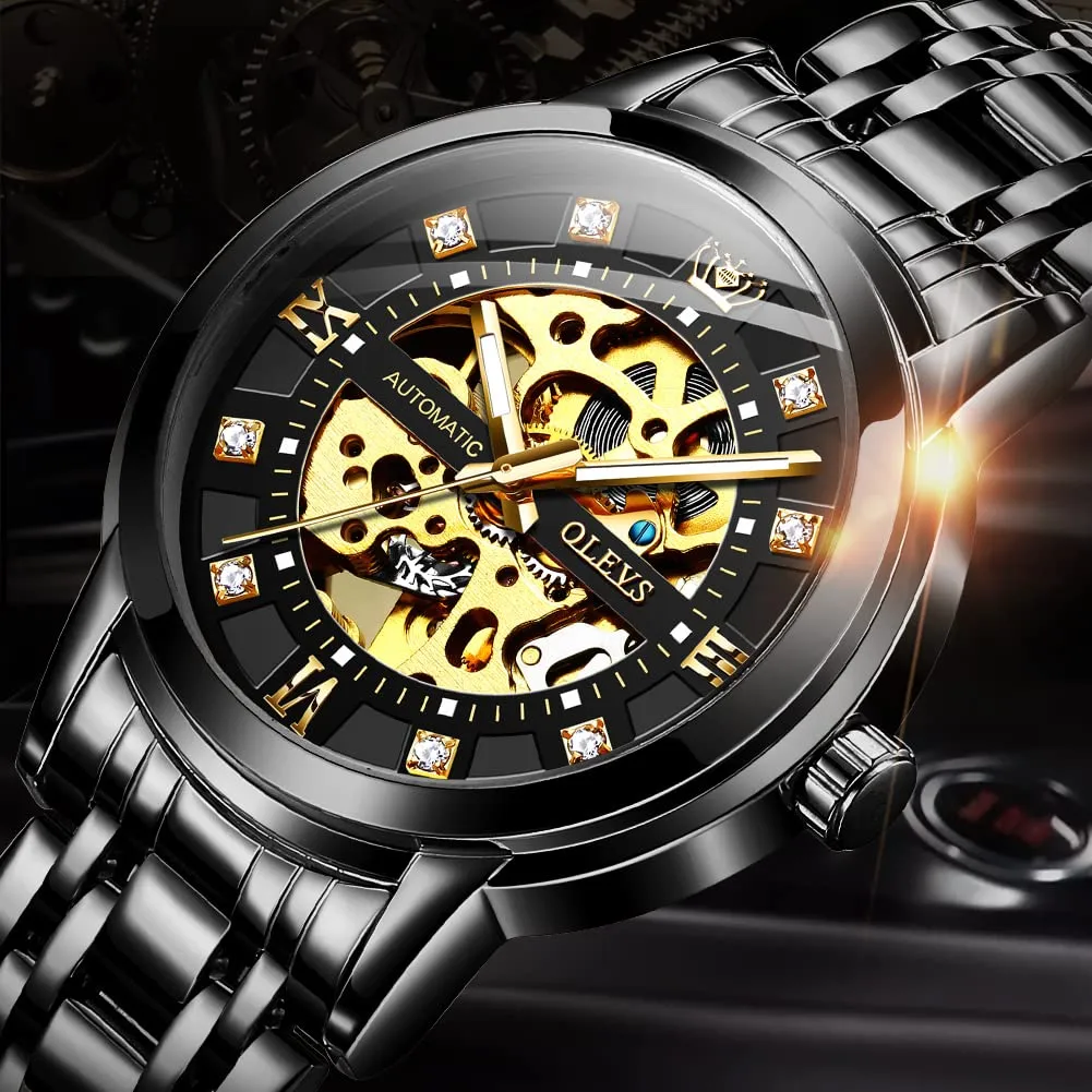 OLEVS Luxury Stainless Steel Mechanical Skeleton Wrist Watch