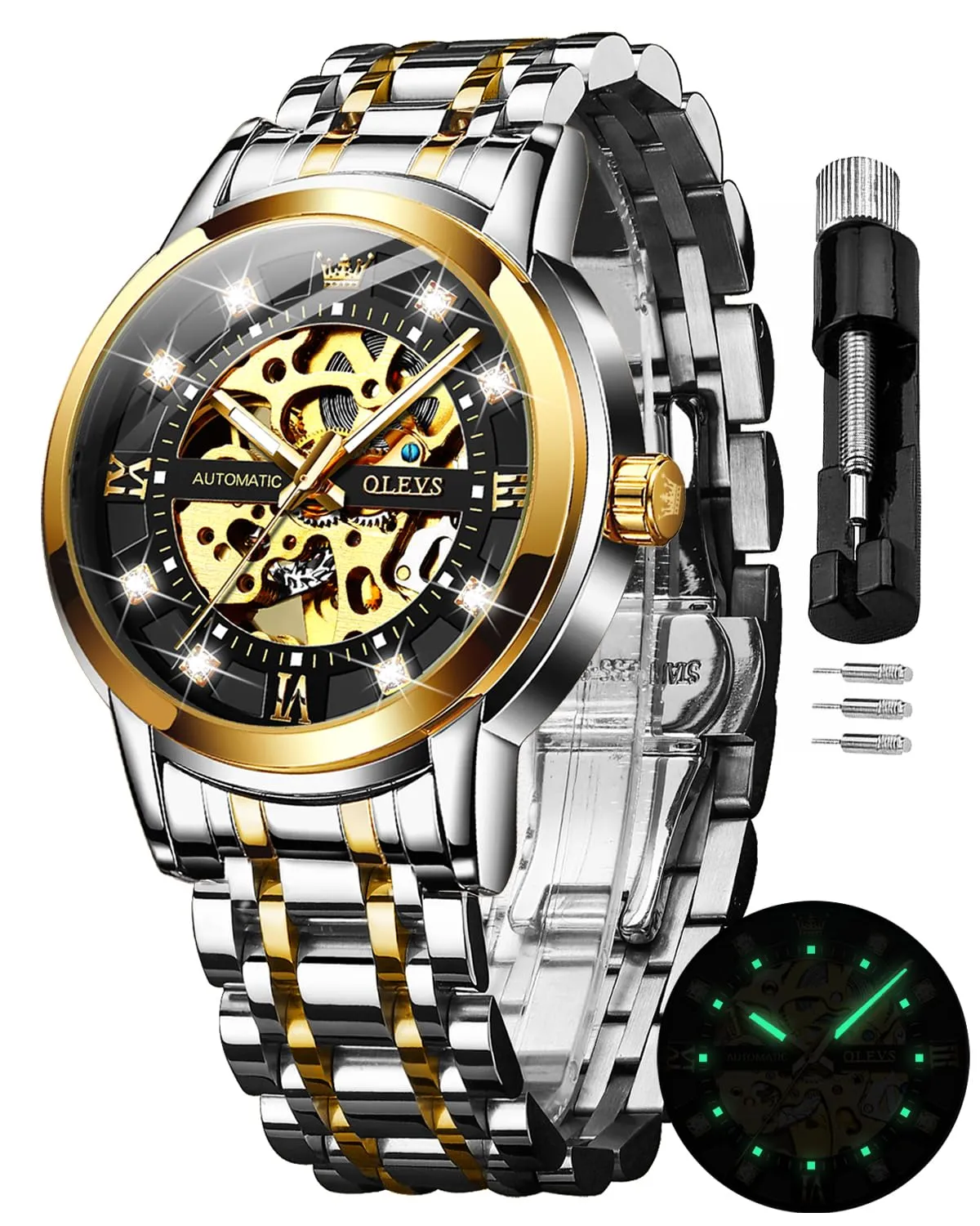 OLEVS Luxury Stainless Steel Mechanical Skeleton Wrist Watch