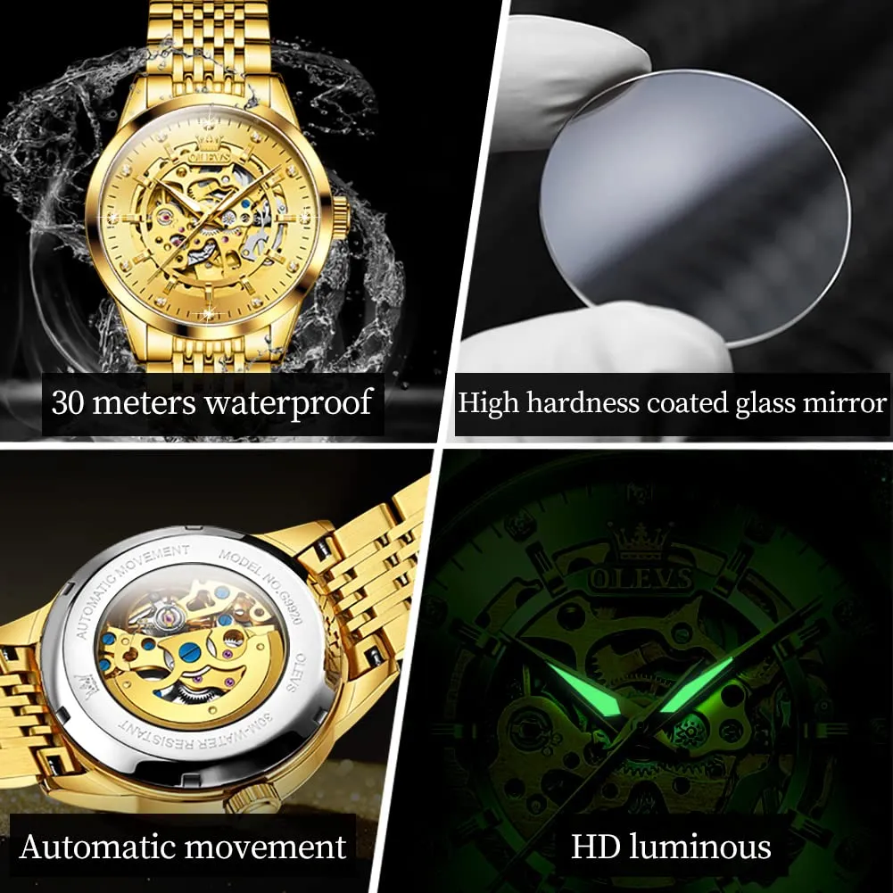 OLEVS Luxury Stainless Steel Mechanical Skeleton Wrist Watch