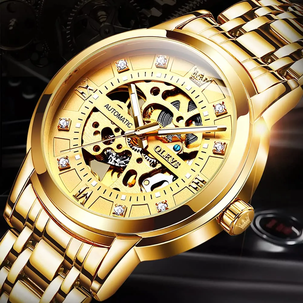 OLEVS Luxury Stainless Steel Mechanical Skeleton Wrist Watch