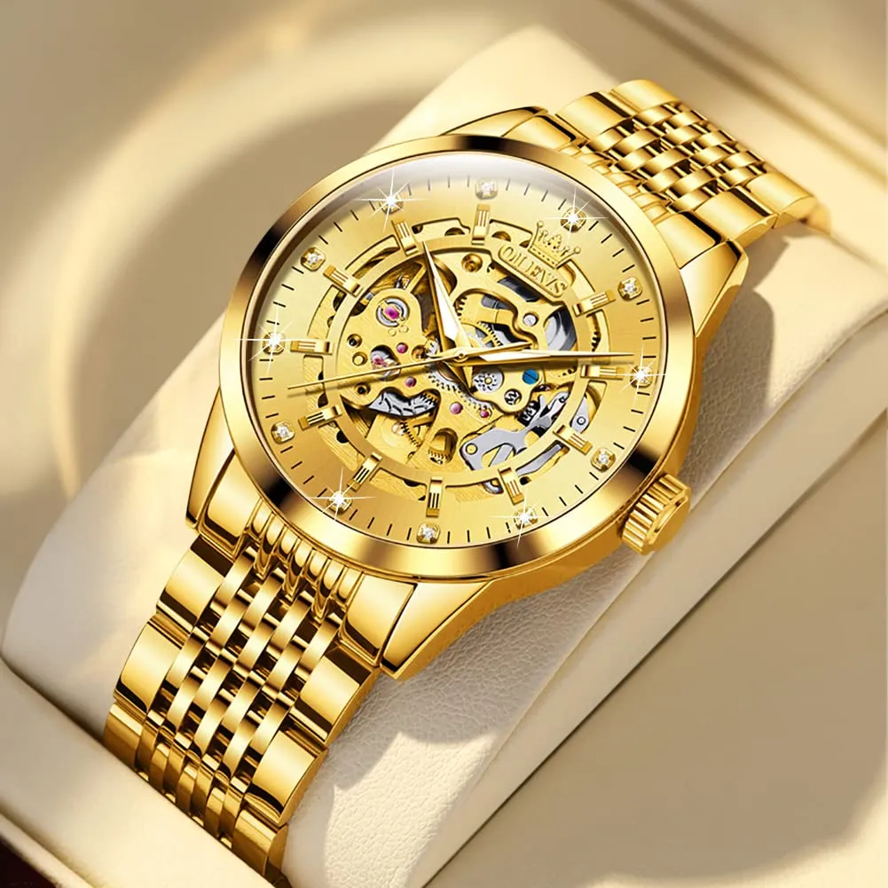 OLEVS Luxury Stainless Steel Mechanical Skeleton Wrist Watch