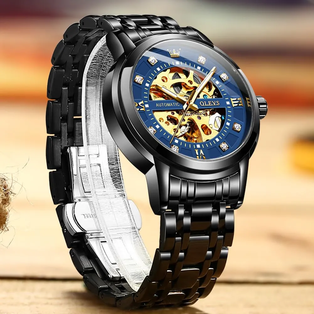 OLEVS Luxury Stainless Steel Mechanical Skeleton Wrist Watch