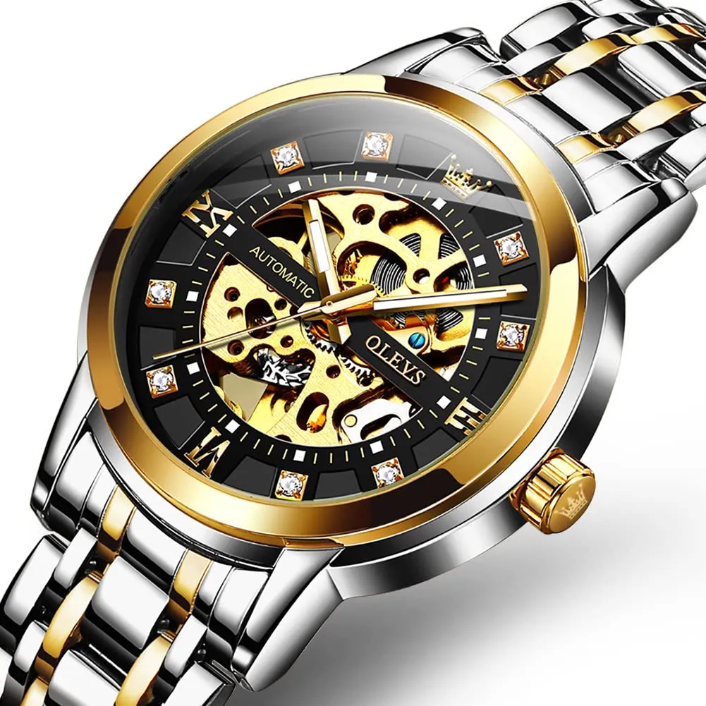 OLEVS Luxury Stainless Steel Mechanical Skeleton Wrist Watch
