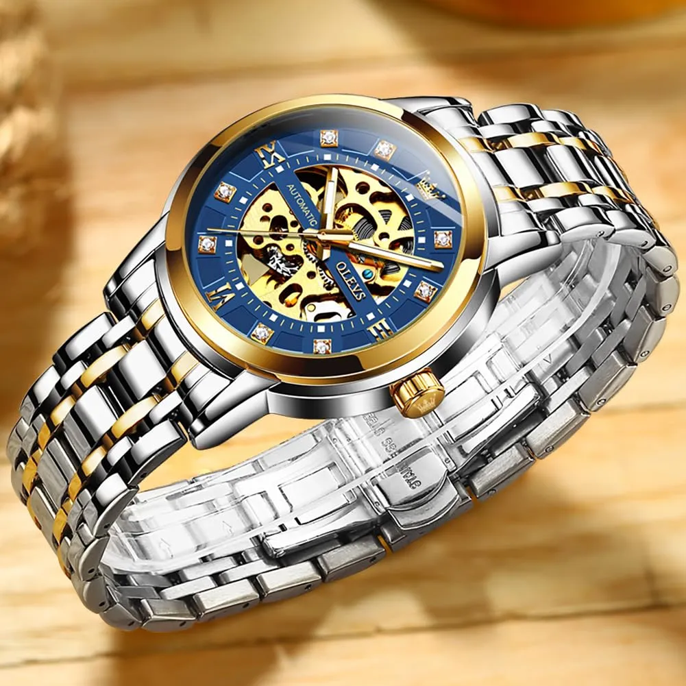 OLEVS Luxury Stainless Steel Mechanical Skeleton Wrist Watch