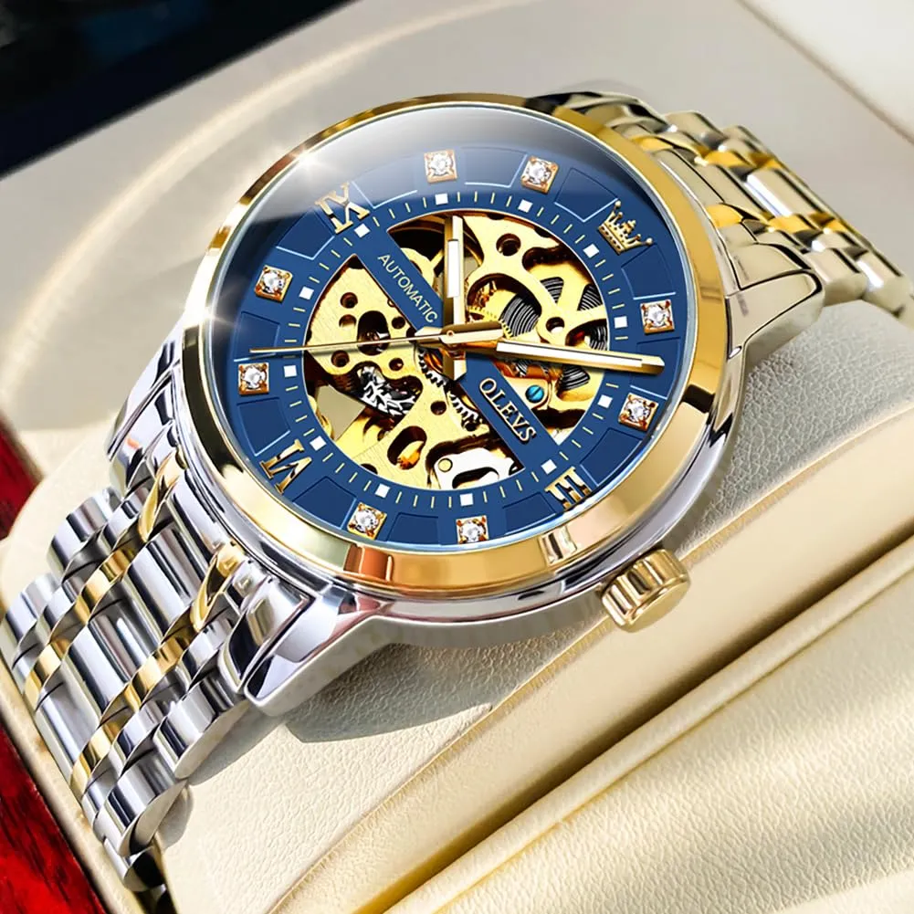 OLEVS Luxury Stainless Steel Mechanical Skeleton Wrist Watch