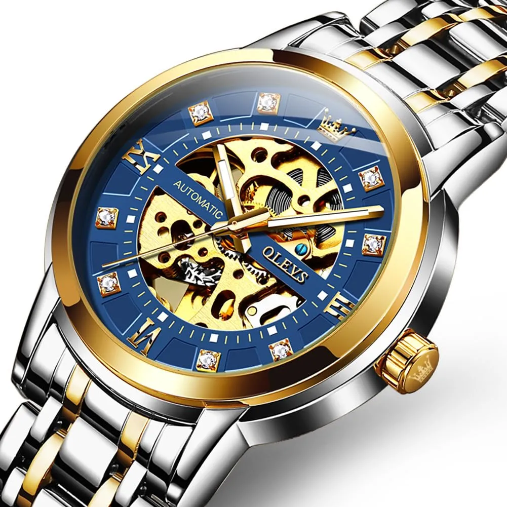 OLEVS Luxury Stainless Steel Mechanical Skeleton Wrist Watch