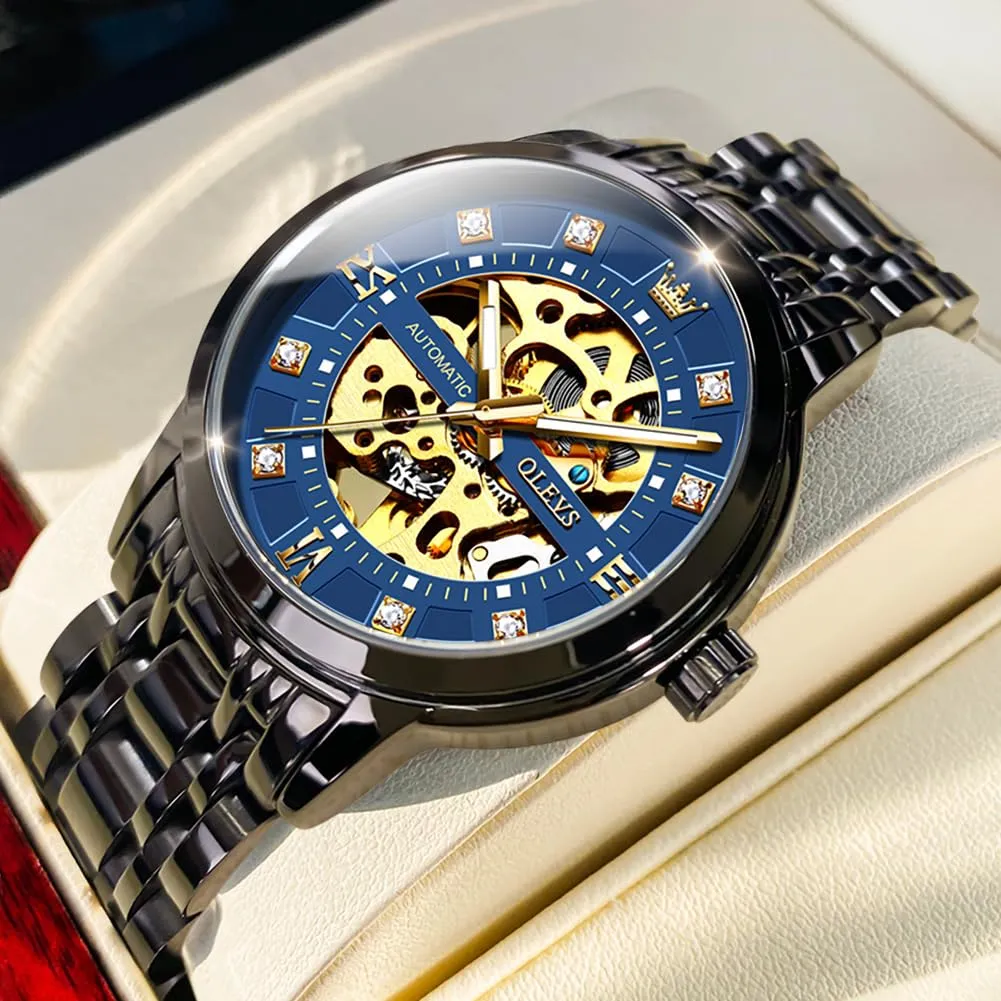 OLEVS Luxury Stainless Steel Mechanical Skeleton Wrist Watch