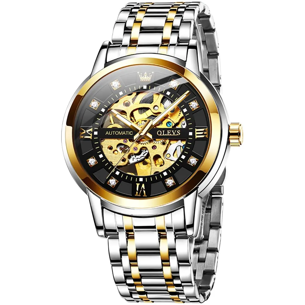 OLEVS Luxury Stainless Steel Mechanical Skeleton Wrist Watch
