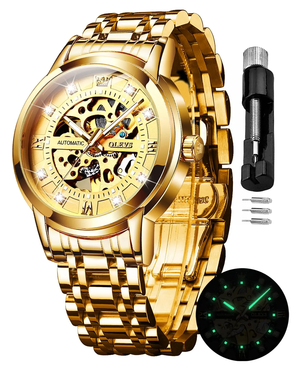 OLEVS Luxury Stainless Steel Mechanical Skeleton Wrist Watch