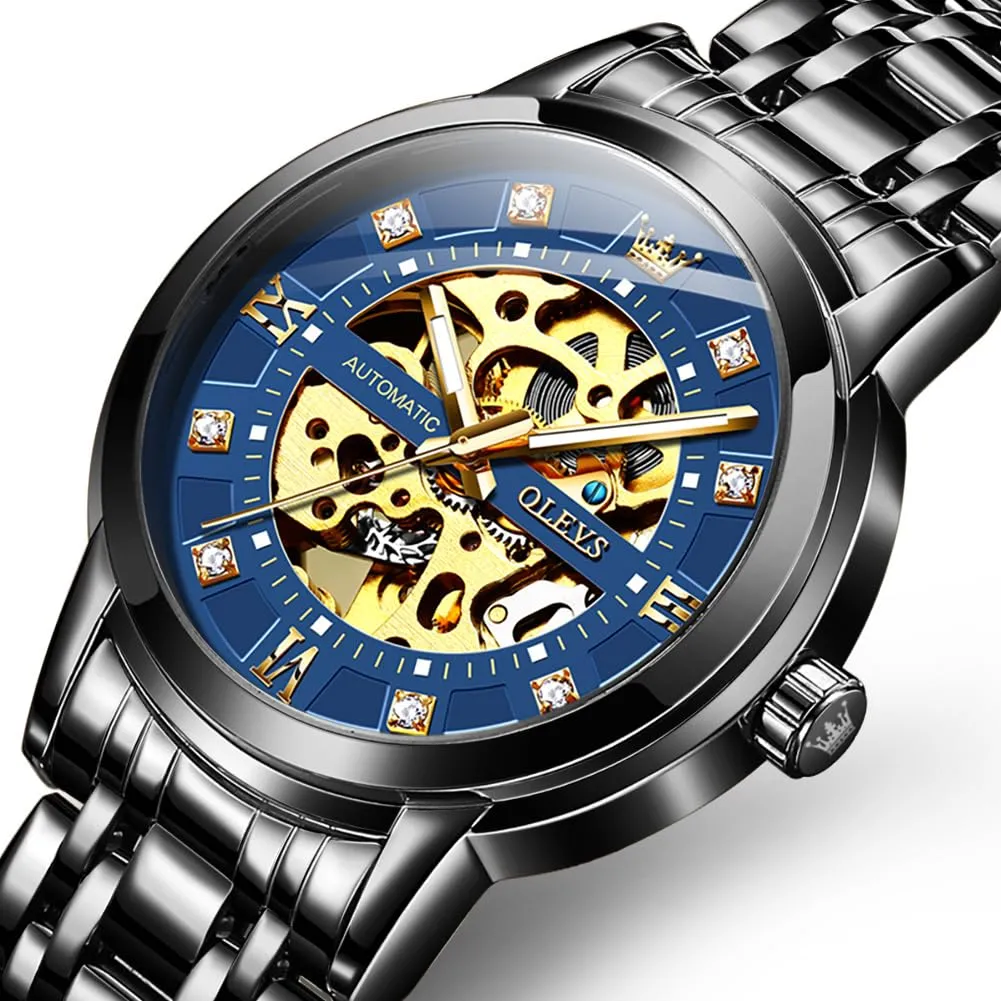 OLEVS Luxury Stainless Steel Mechanical Skeleton Wrist Watch